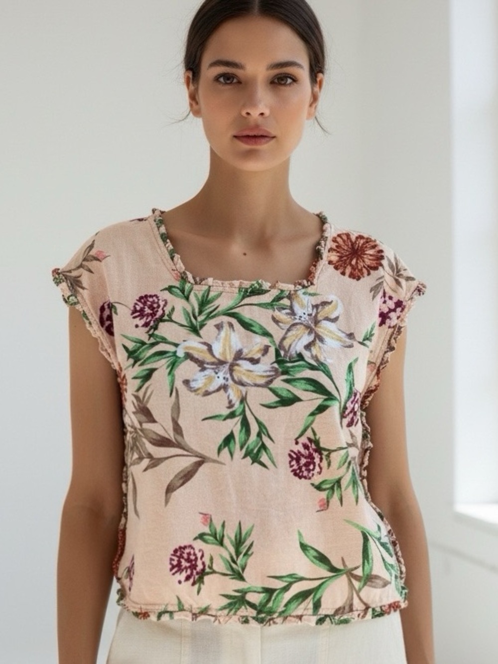For Cynthia Linen Floral Top | Peach Ruffled Hem Coastal | Sz S